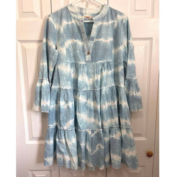 Faherty Faded Blue Vida Shibori Tie Dye Tiered Organic Cotton Dress XS - Picture 3 of 9